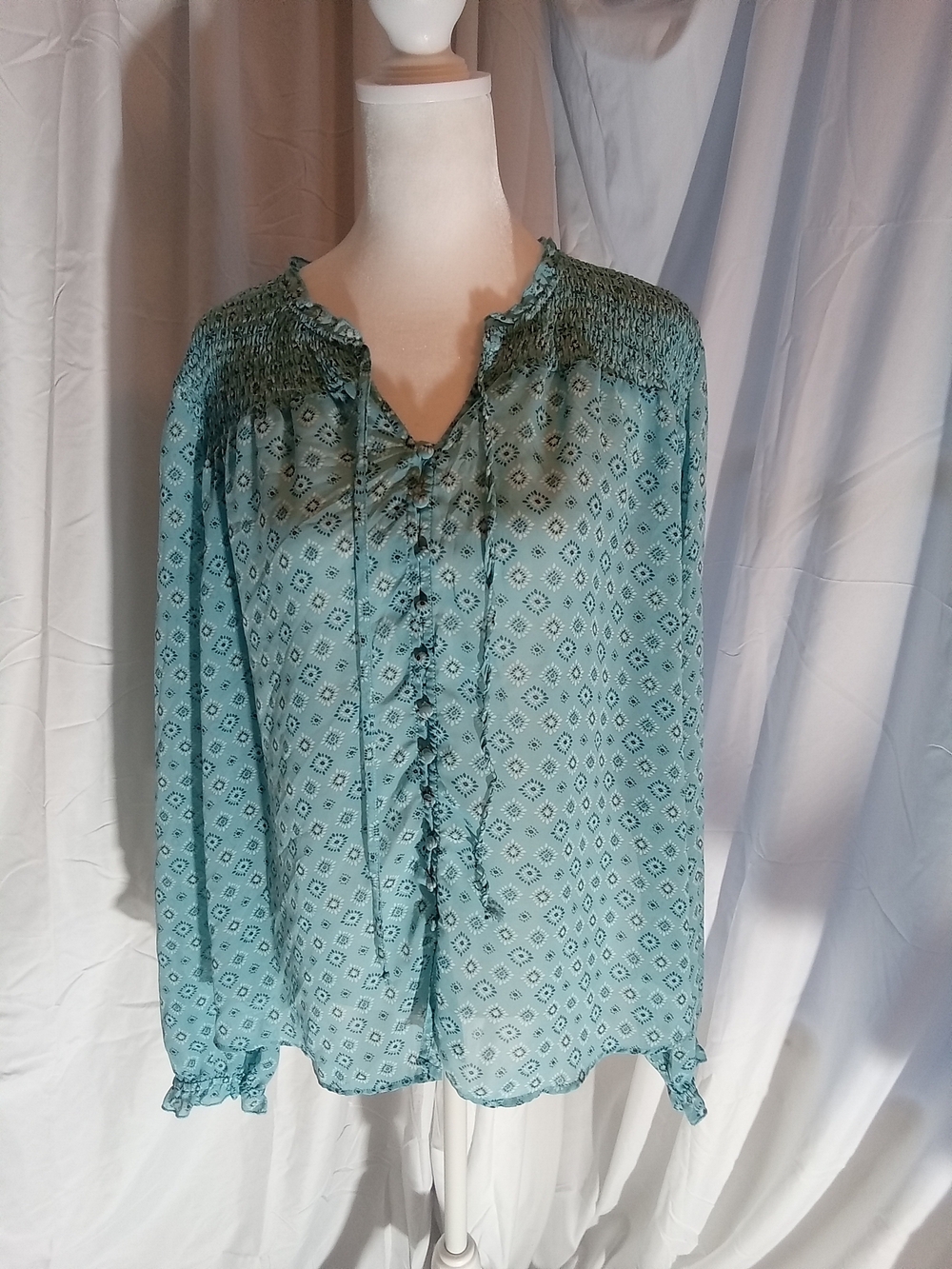 Time and Tru Teal Smocked Yoke Sheer Ruffle Tie Blouse M